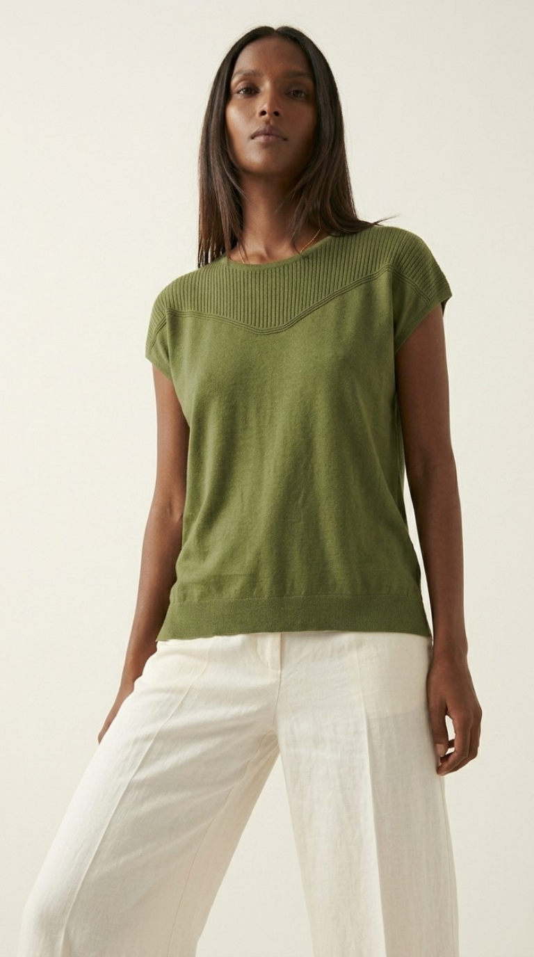 Nervuré Olive Green Cap Sleeve Knit Sweater