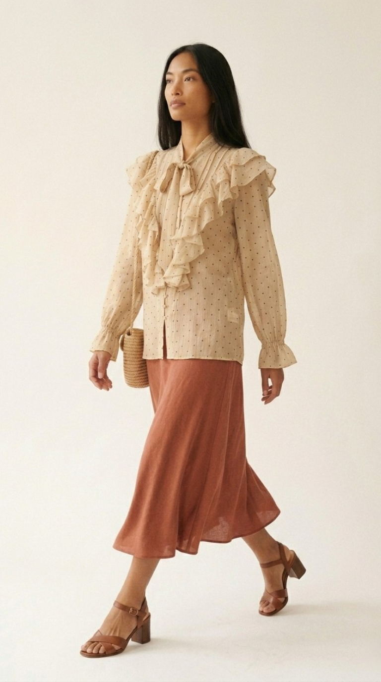 Plumetis Tie-Neck Ruffle Blouse