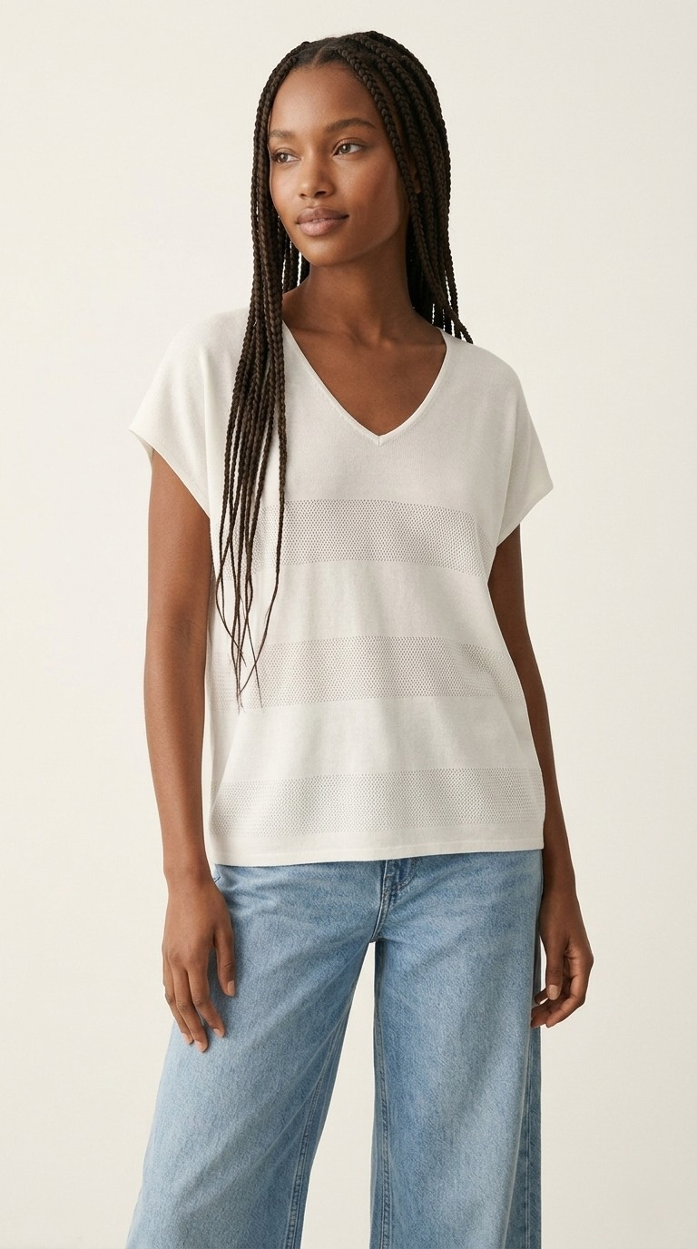 Onde White Stripe Texture Knit Sweater