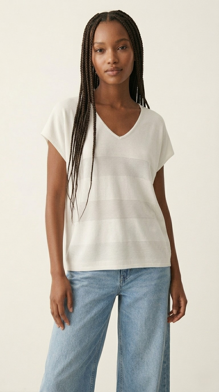 Onde White Stripe Texture Knit Sweater