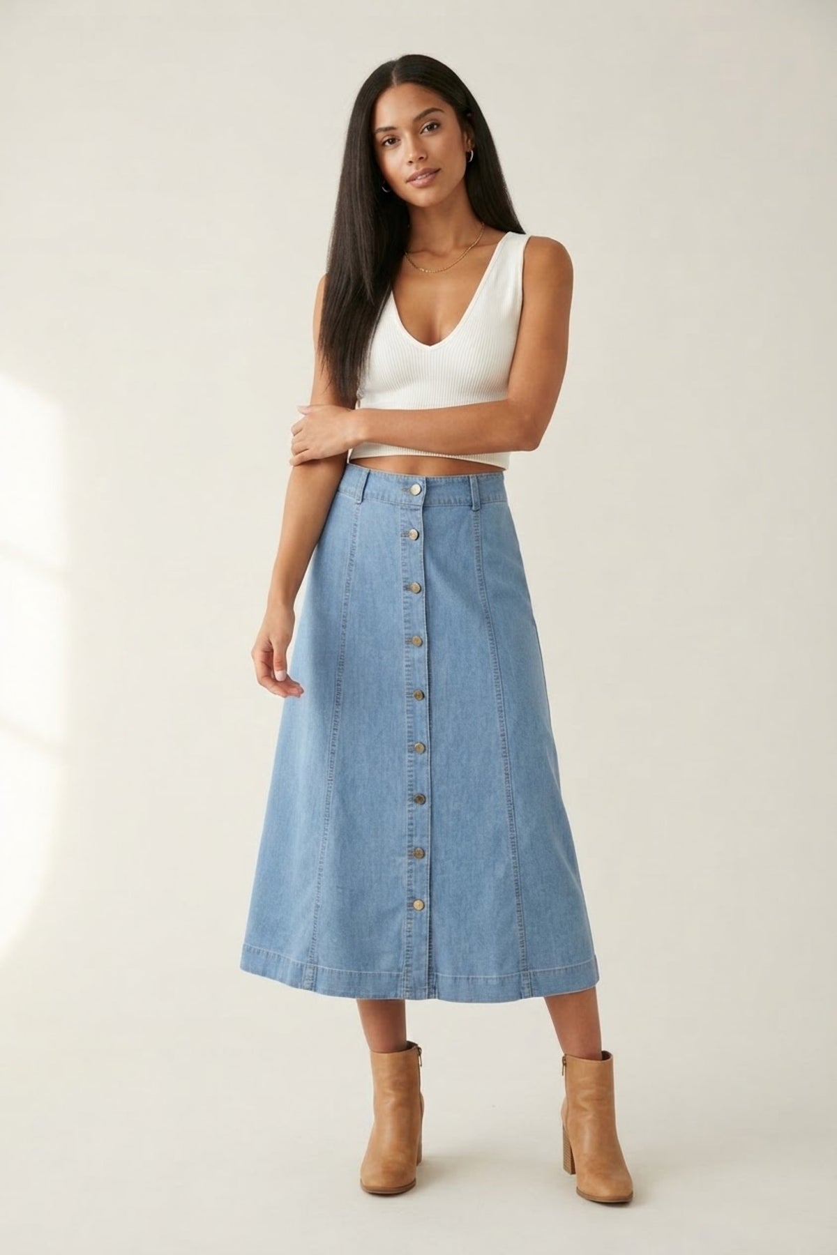 Brut Button Front Denim Midi Skirt