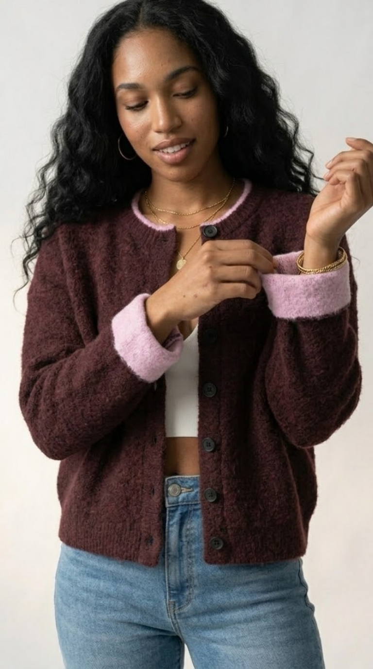 Contraste Fluffy Knit Cardigan