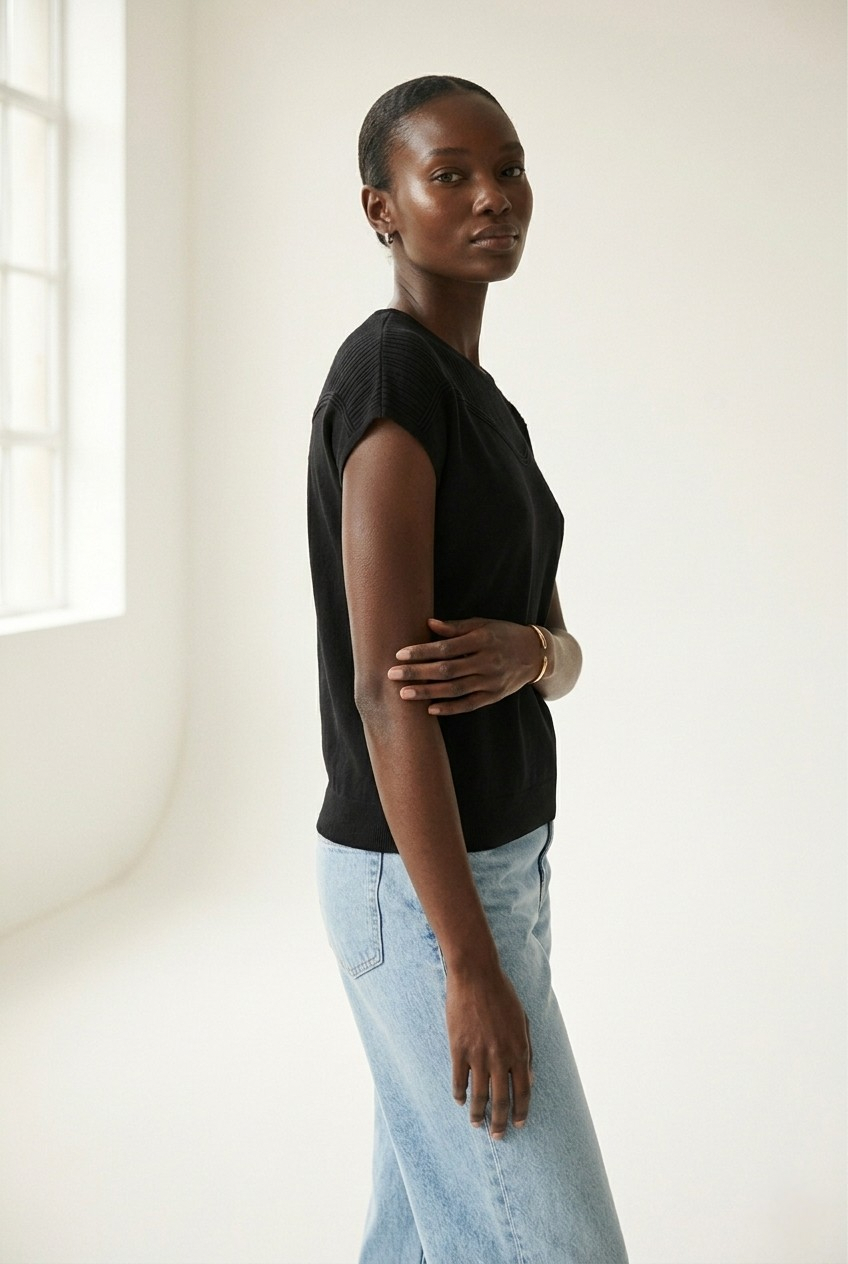 Nervuré Black Cap Sleeve Knit Sweater