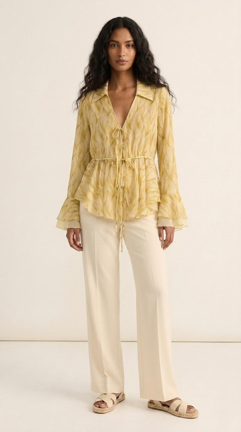 Vague Tie-Waist Printed Blouse
