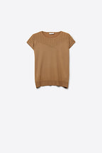 Nervuré Camel Cap Sleeve Knit Sweater