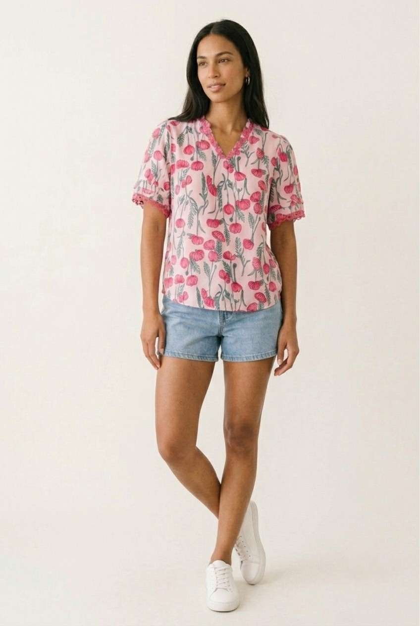 Pavot Floral Crochet Trim Blouse