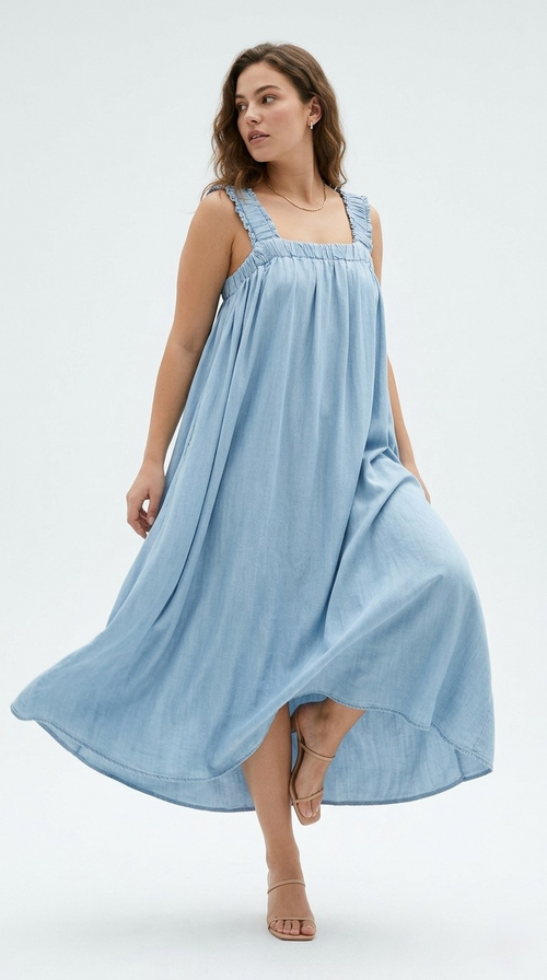 Azur Ruffled Strap Tencel Maxi Dress