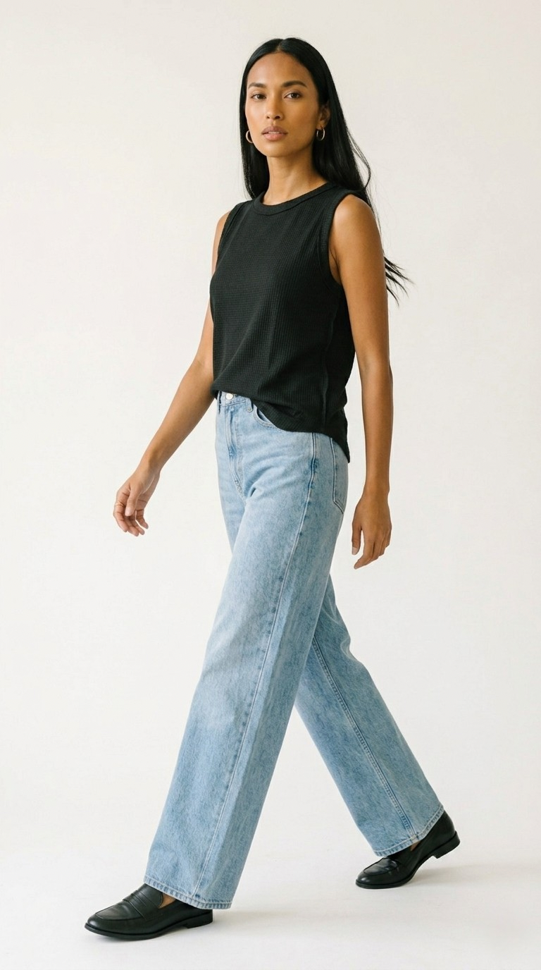 Alvéole Black Round Neck Waffle Tank