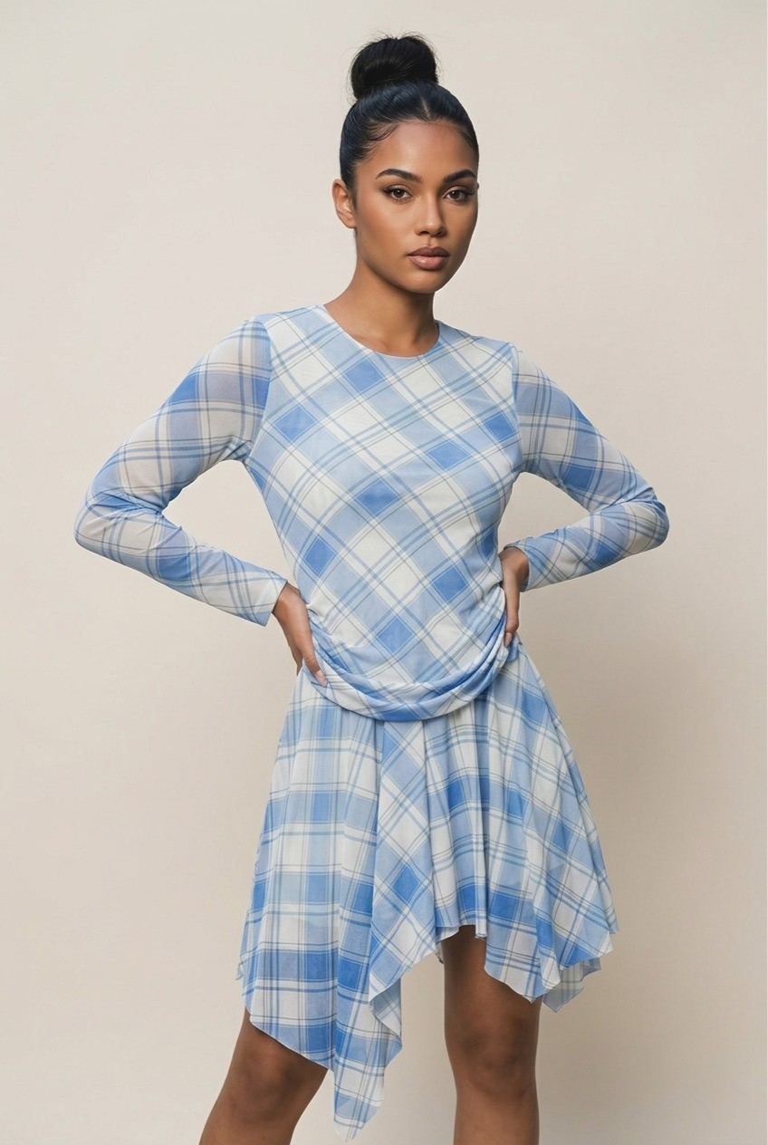 Celeste Mesh Plaid Asymmetrical Dress