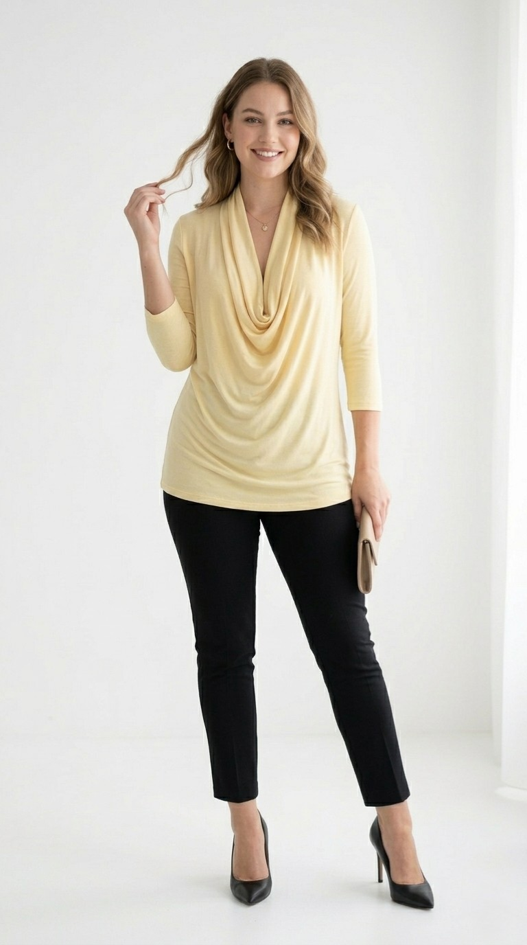 Drapé Cowl Neck 3/4 Sleeve Top