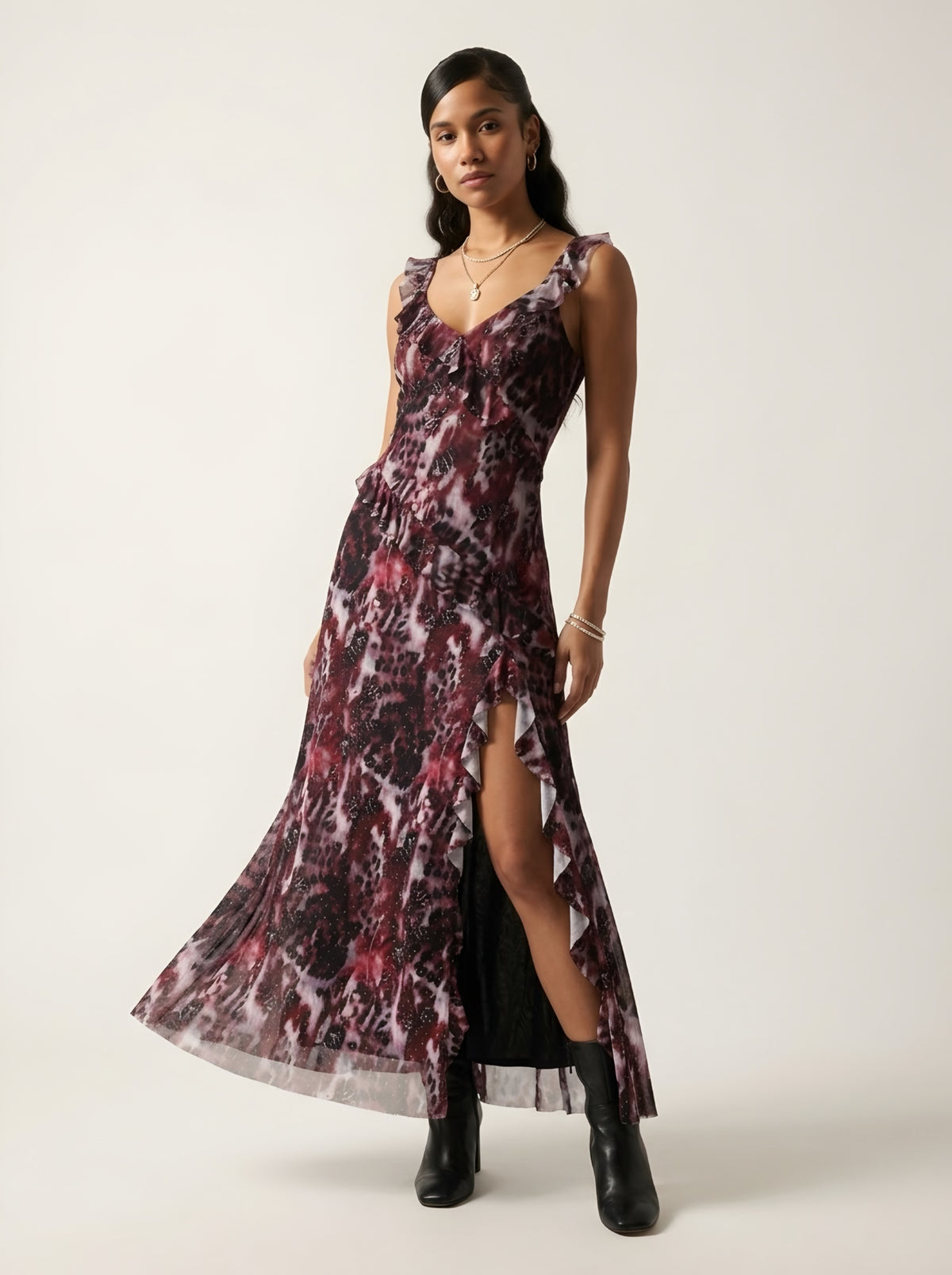 Sauvage Ruffle Trim Mesh Maxi Dress