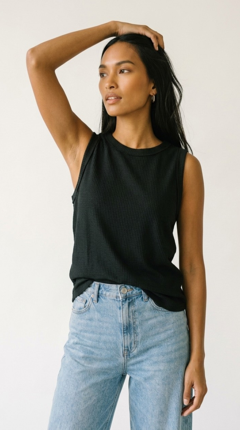 Alvéole Black Round Neck Waffle Tank