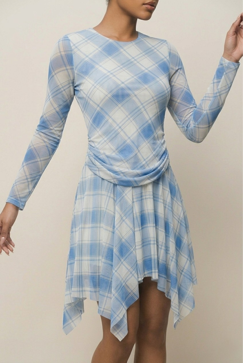 Celeste Mesh Plaid Asymmetrical Dress