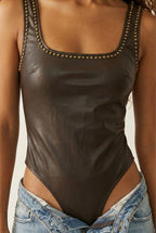 Clouté Faux Leather Bodysuit
