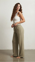 Kaki Wide Leg Cotton Pants