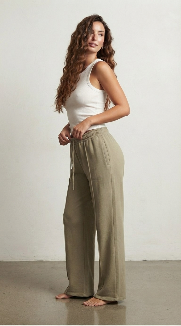 Kaki Wide Leg Cotton Pants