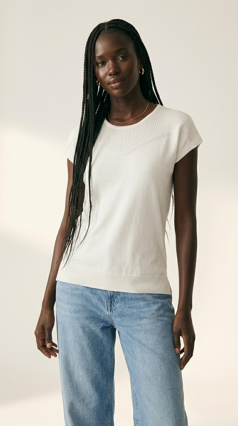 Nervuré White Cap Sleeve Knit Sweater