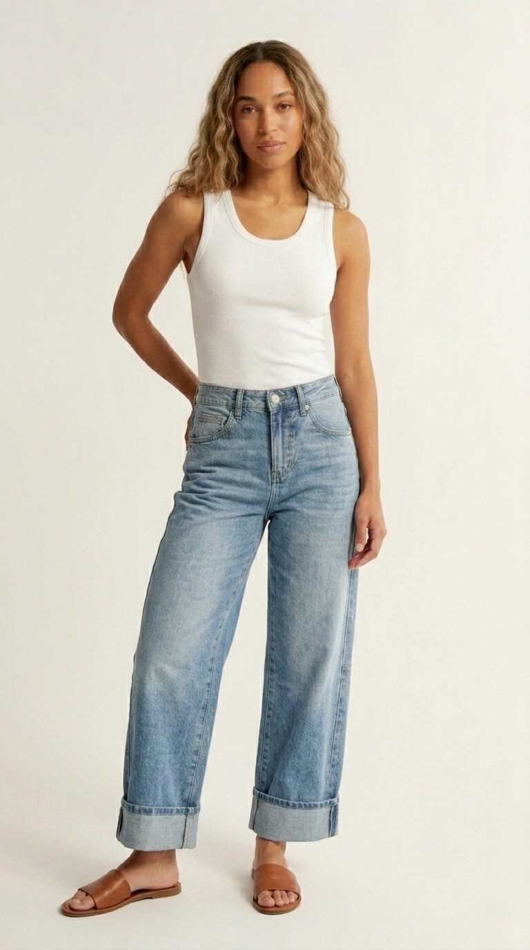 Tonneau Wide Leg Cuffed Jeans