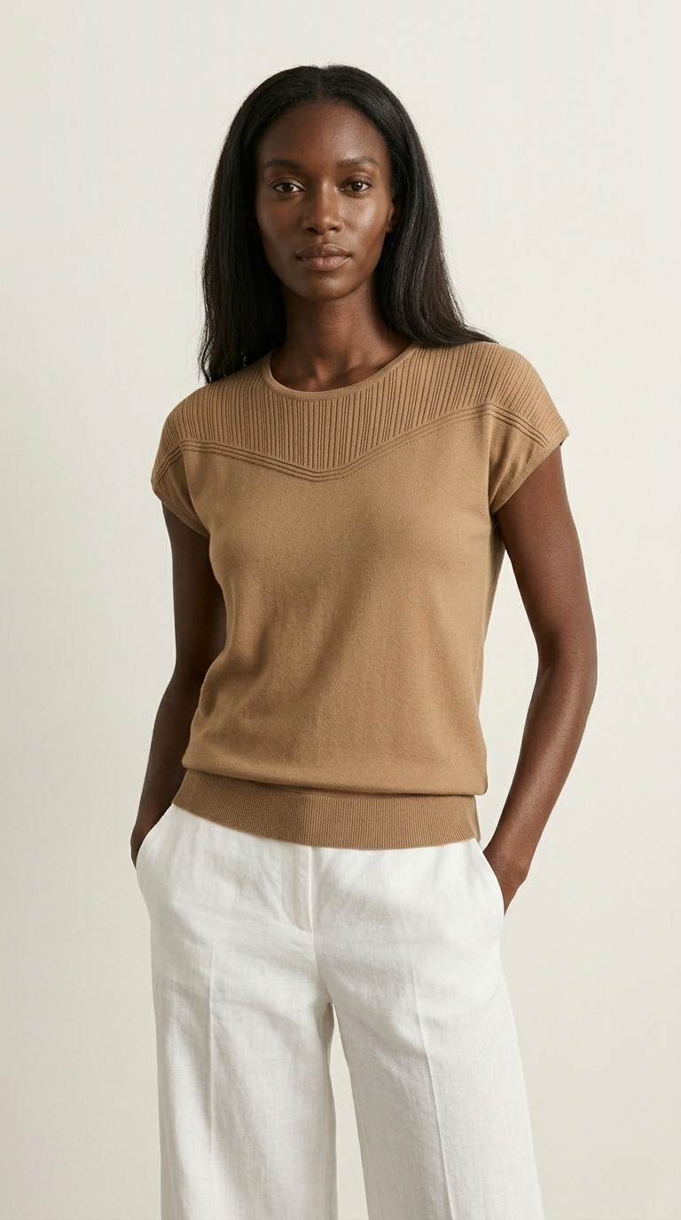 Nervuré Camel Cap Sleeve Knit Sweater
