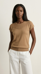 Nervuré Camel Cap Sleeve Knit Sweater