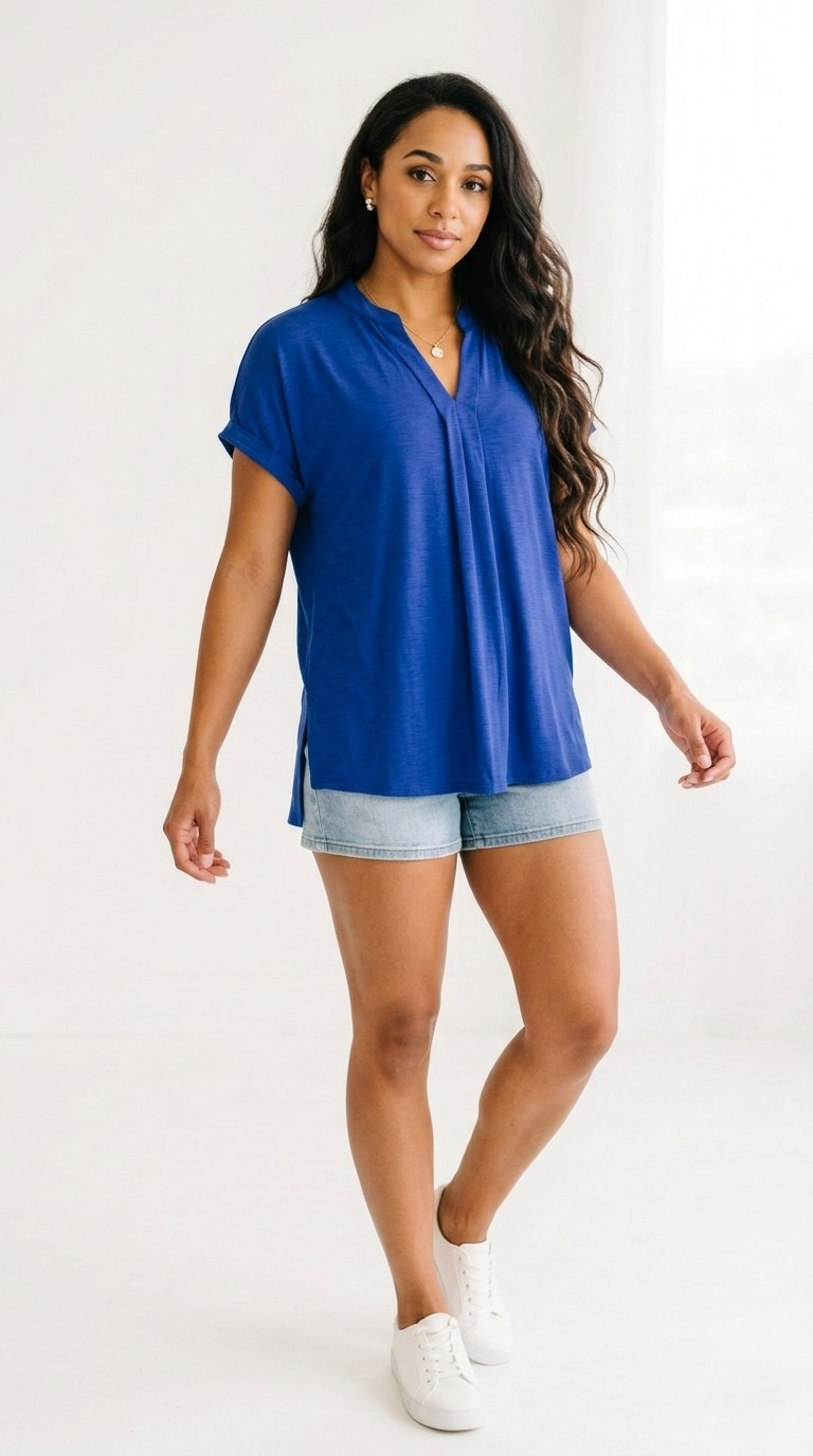Vif Royal Blue Split Neck Blouse
