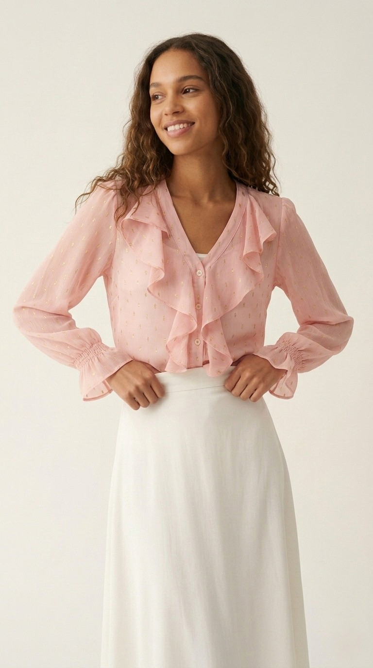 Poudré Polka-Dot Ruffle Blouse
