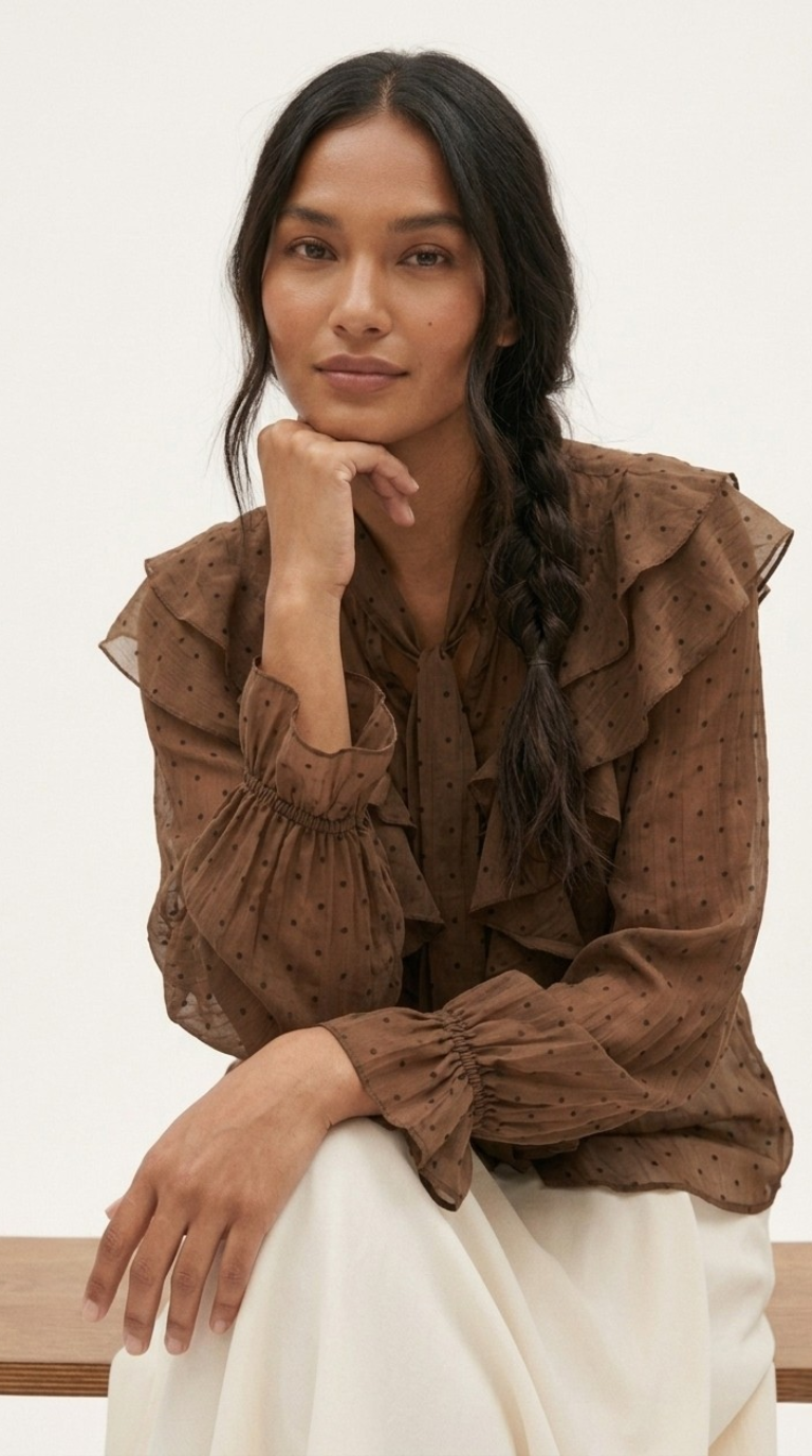 Plumetis Tie-Neck Ruffle Blouse