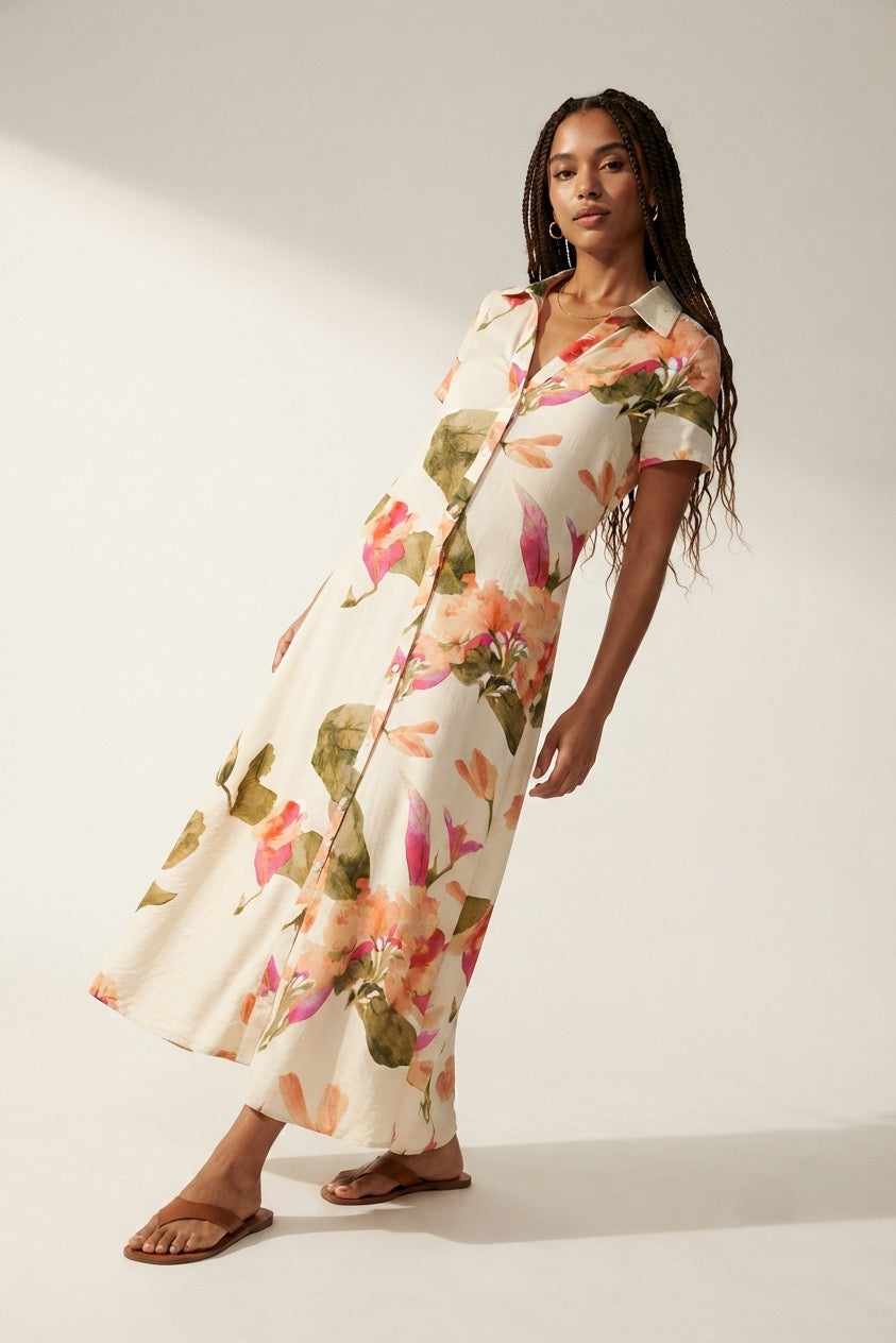 Aquarelle Floral Maxi Shirt Dress