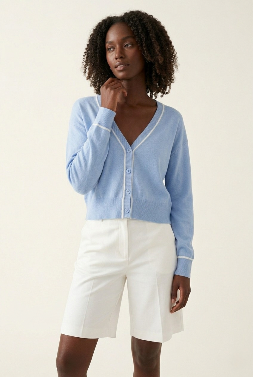 Contour Baby Blue Contrast Trim Cardigan