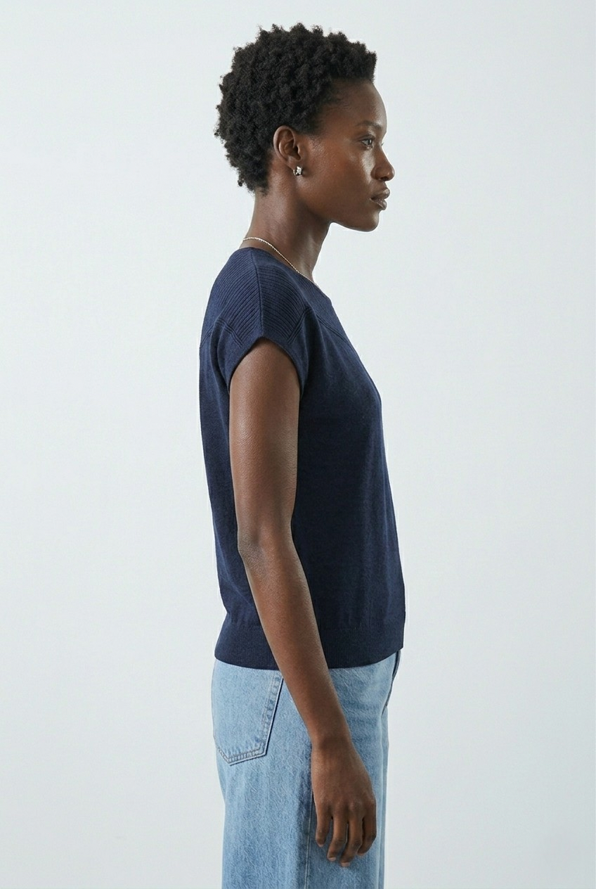 Nervuré Navy Cap Sleeve Knit Sweater