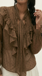Plumetis Tie-Neck Ruffle Blouse