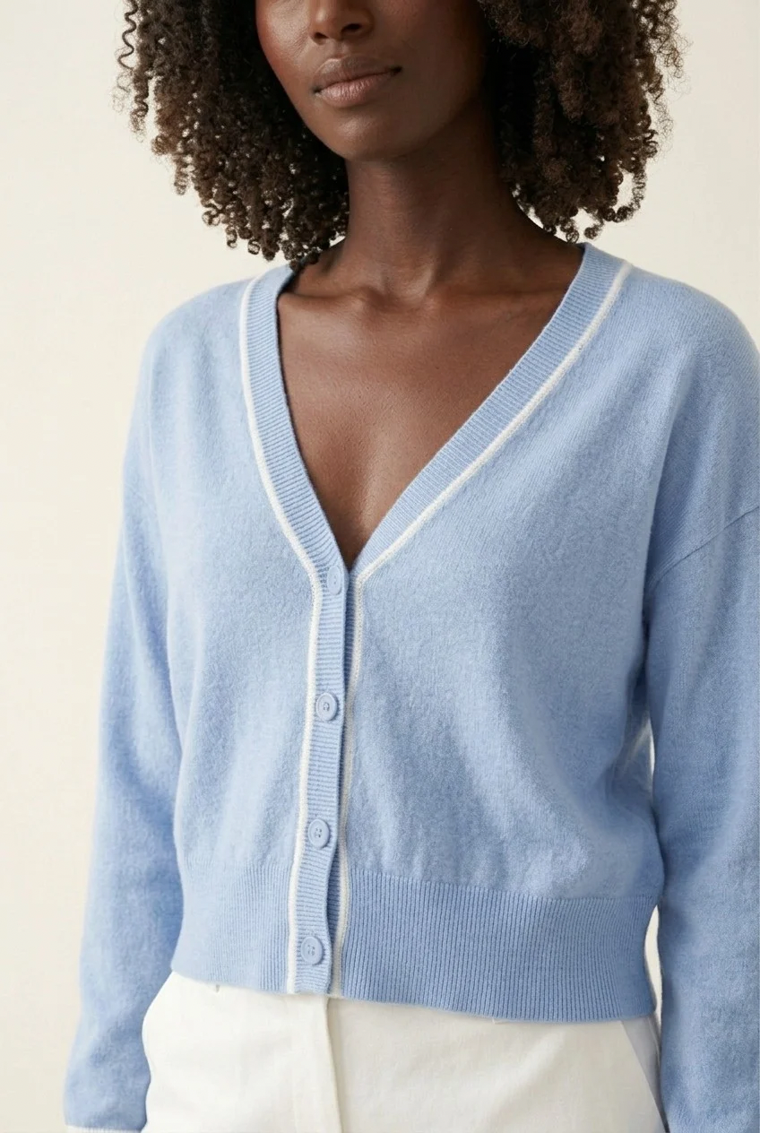 Contour Baby Blue Contrast Trim Cardigan