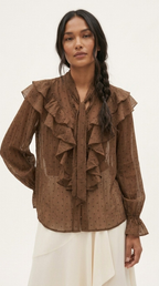Plumetis Tie-Neck Ruffle Blouse