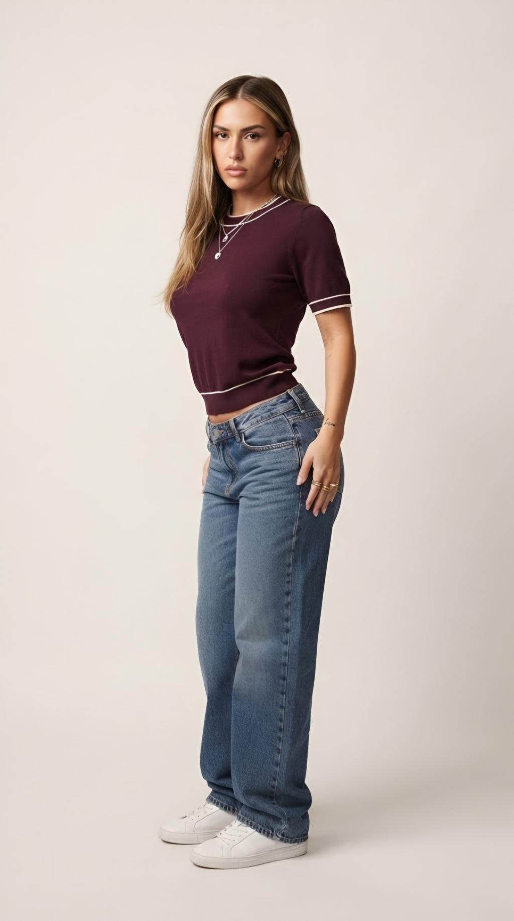 Fil Fine Knit Contrast Trim Sweater