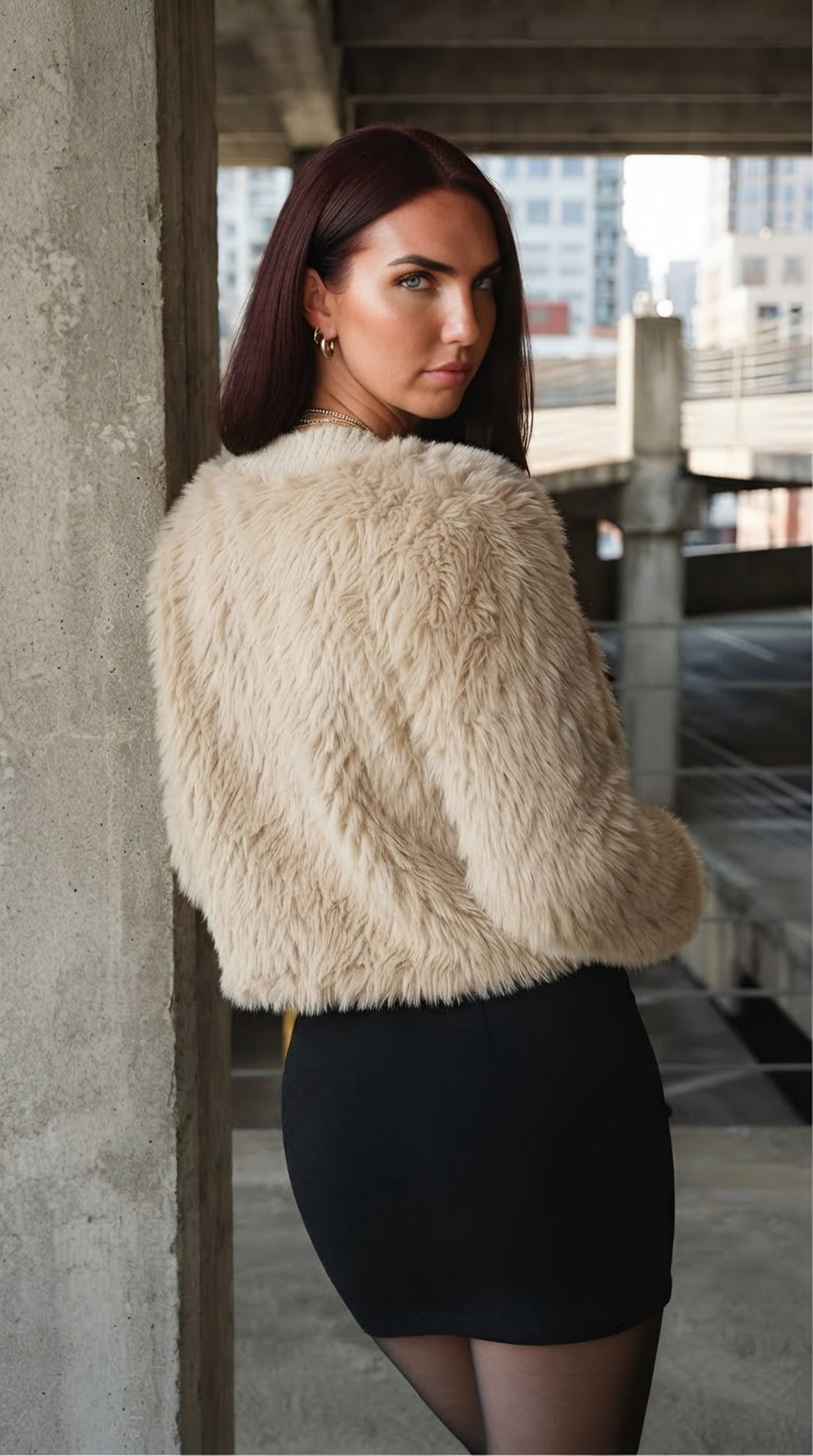 Duvet Cropped Faux Fur Jacket — Beige