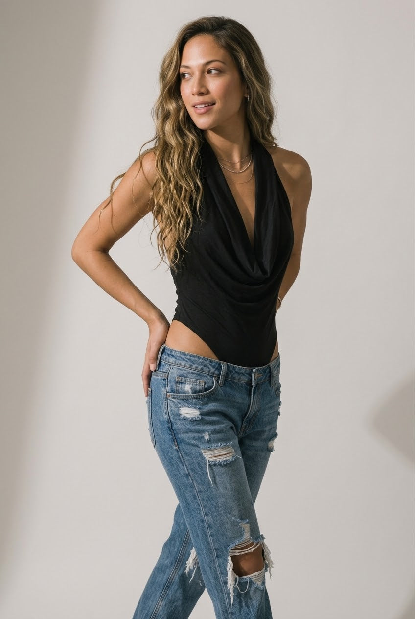 Cascade Cowl Neck Halter Bodysuit