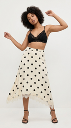 Dotté Satin Lace Trim Asymmetrical Midi Skirt
