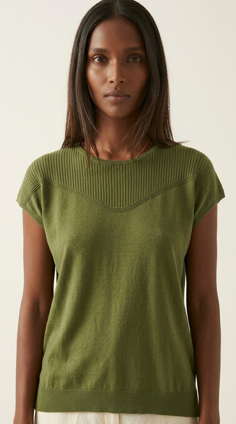 Nervuré Olive Green Cap Sleeve Knit Sweater