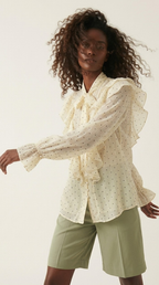 Plumetis Tie-Neck Ruffle Blouse