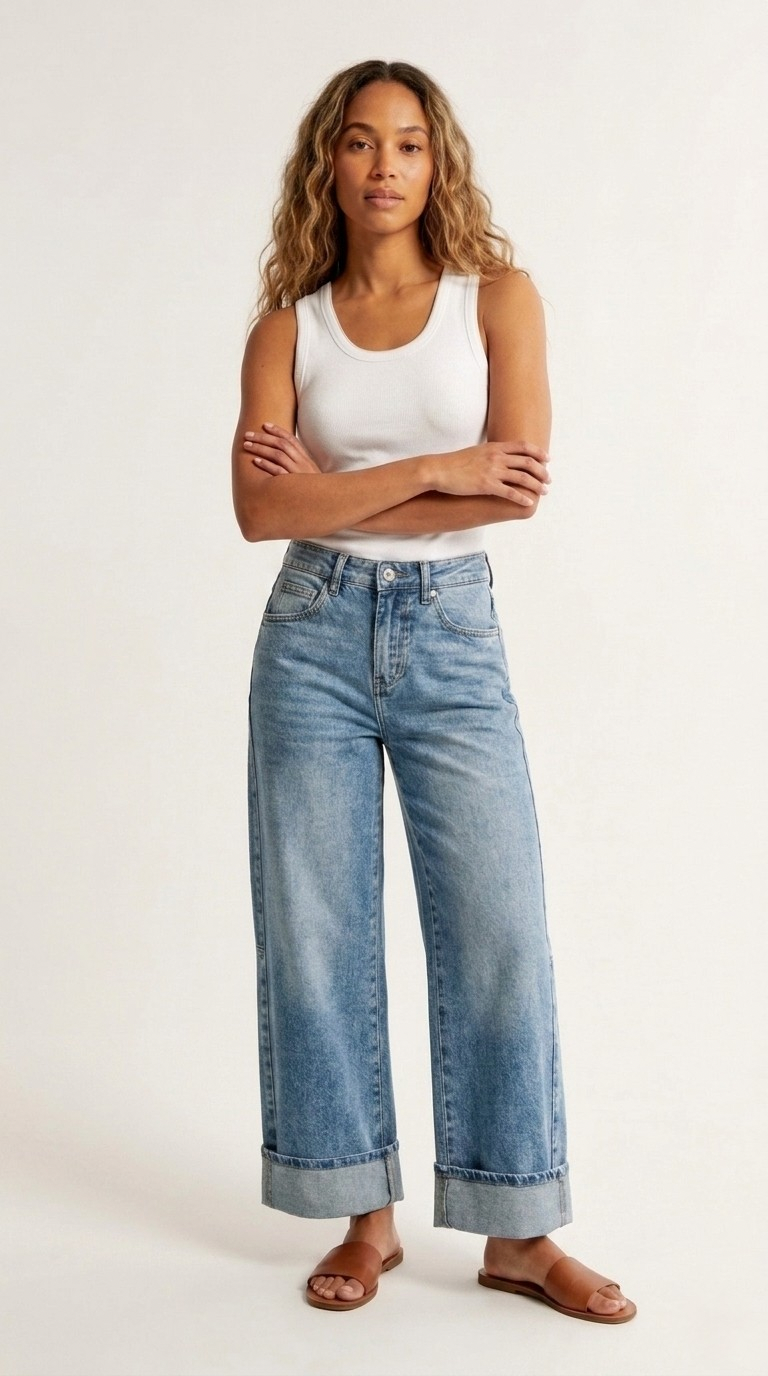 Tonneau Wide Leg Cuffed Jeans
