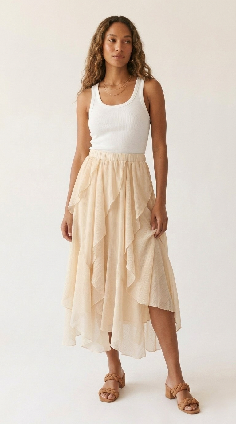Celeste Ruffle Tiered Asymmetrical Midi Skirt