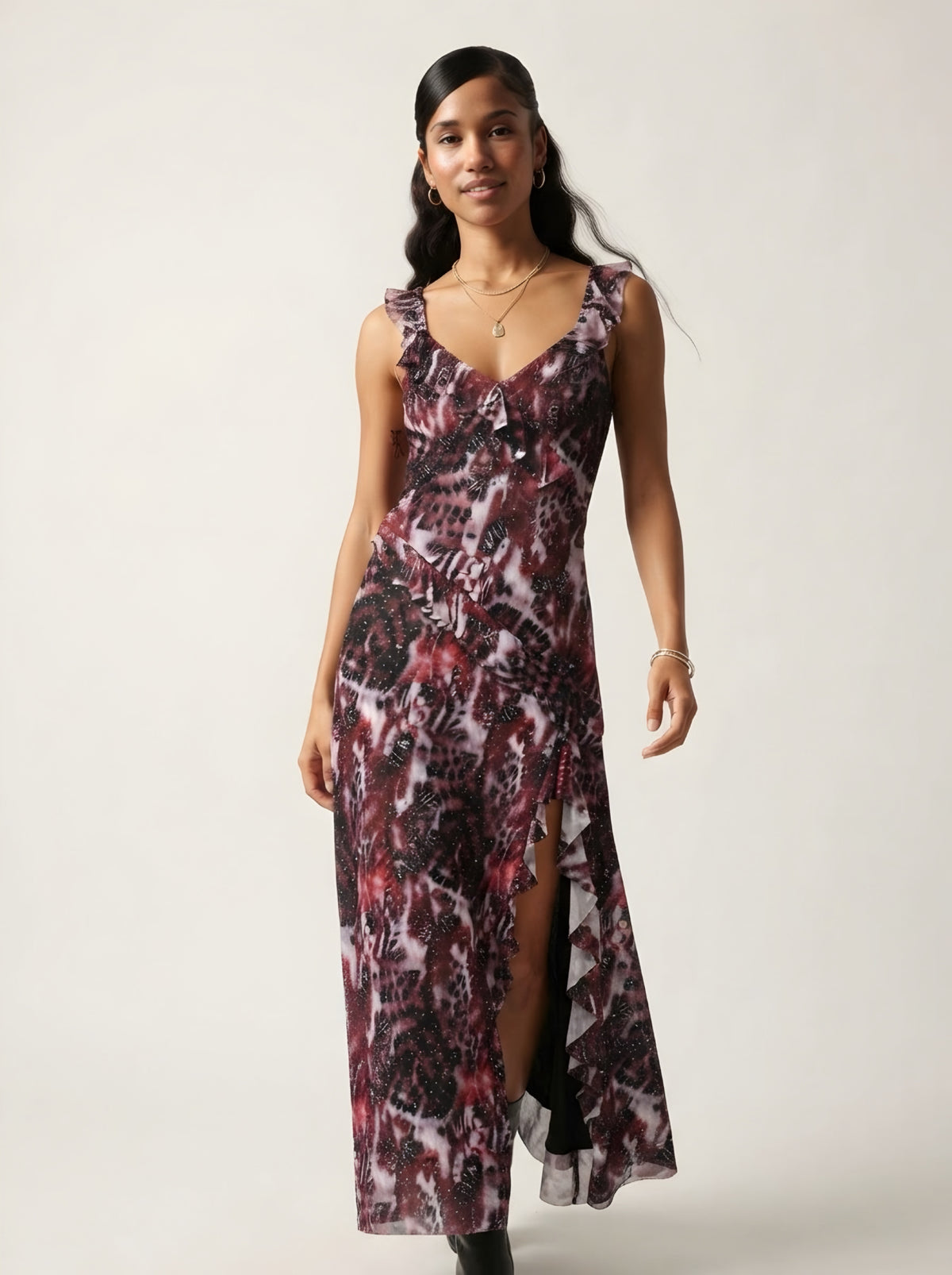 Sauvage Ruffle Trim Mesh Maxi Dress