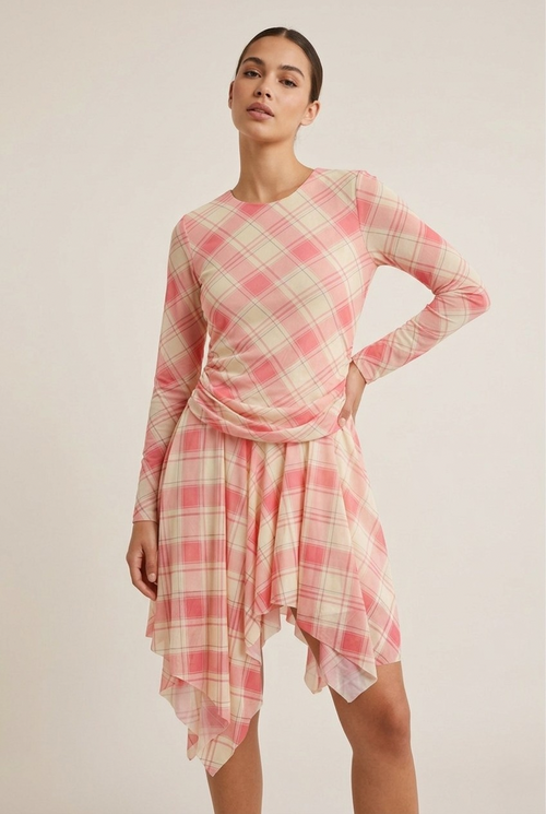 Celeste Mesh Plaid Asymmetrical Dress