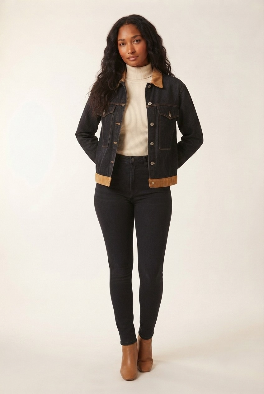 Velours Corduroy Collar Denim Jacket