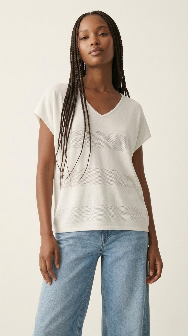 Onde White Stripe Texture Knit Sweater