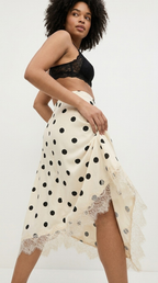 Dotté Satin Lace Trim Asymmetrical Midi Skirt
