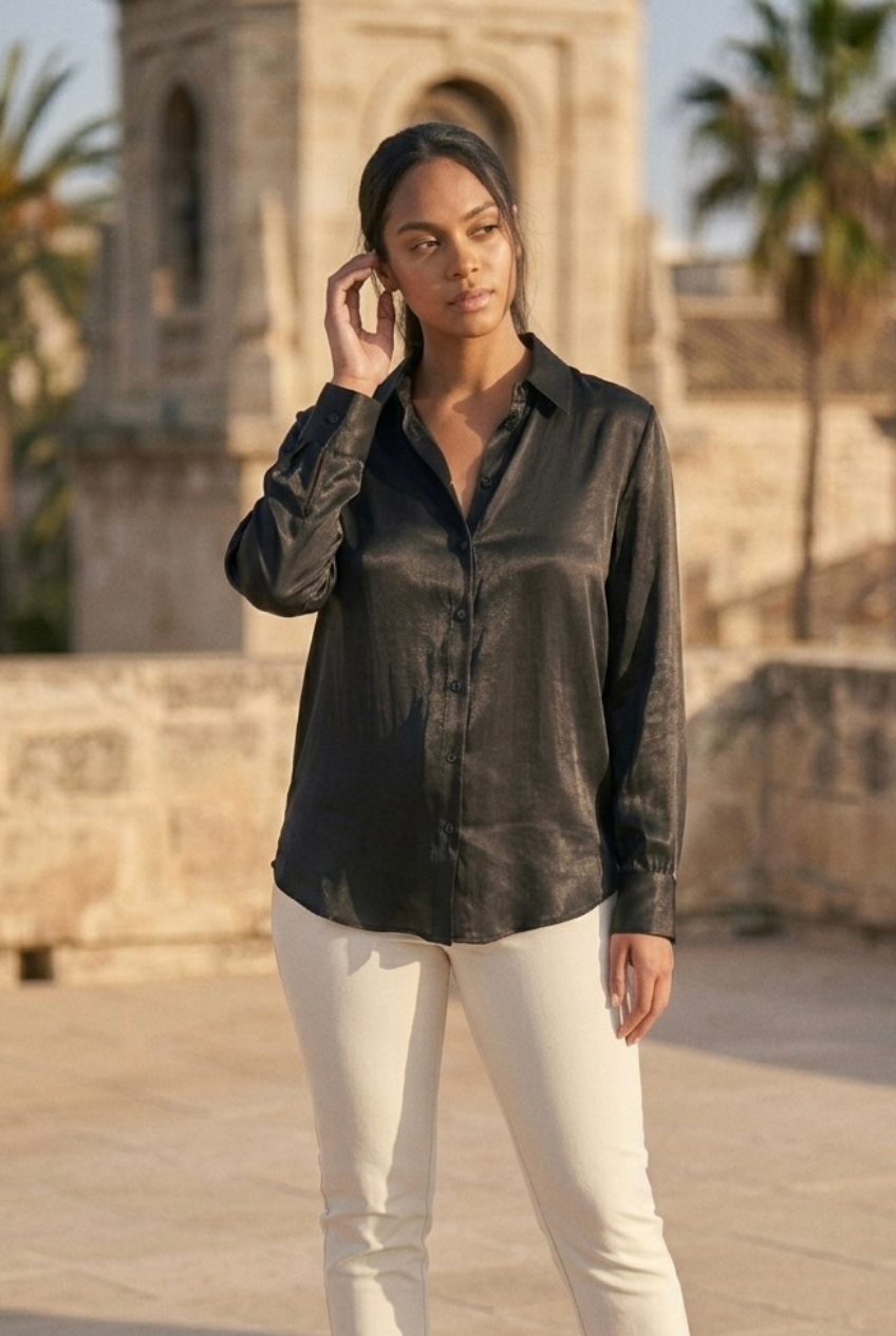 Nacré Satin Button-Down Shirt