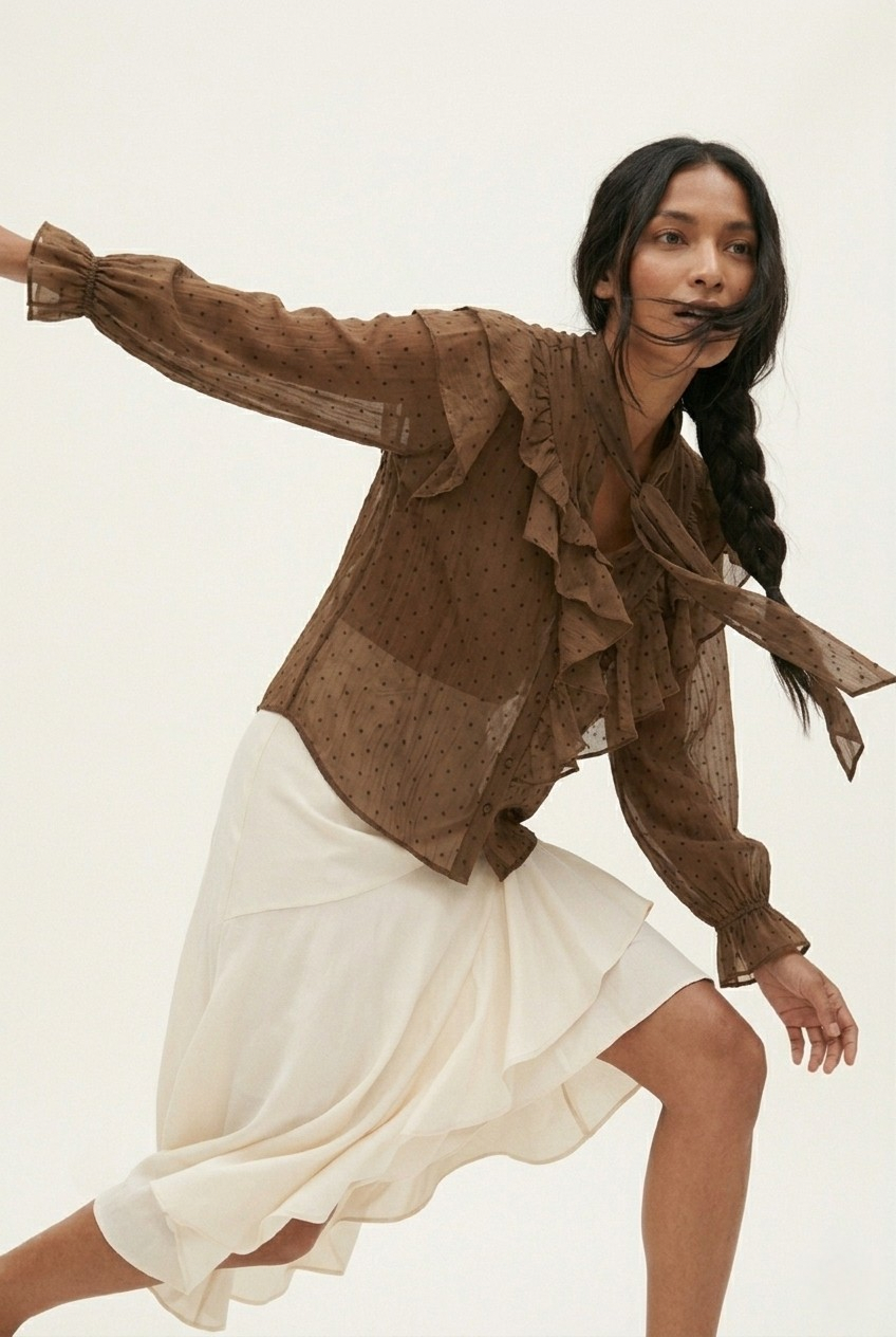 Plumetis Tie-Neck Ruffle Blouse