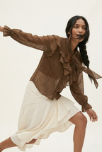 Plumetis Tie-Neck Ruffle Blouse