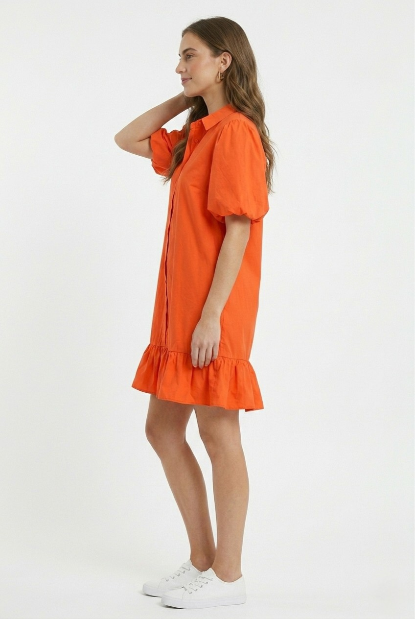 Mandarine Balloon Sleeve Shirt Dress